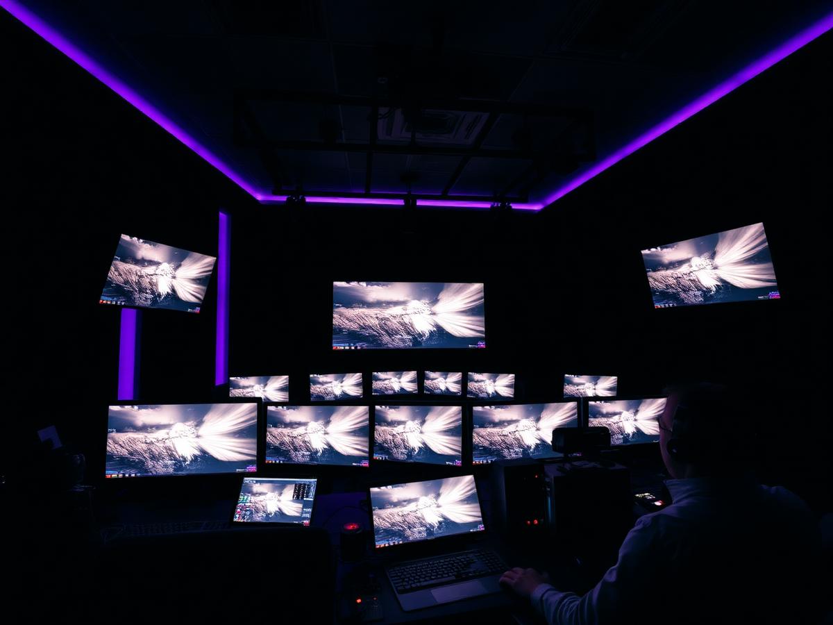 Production control room glowing with monitors